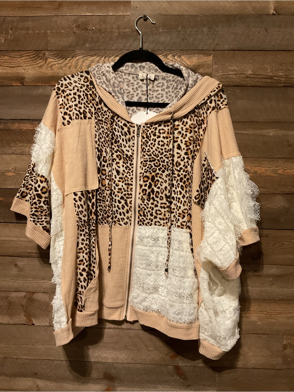 POL “The Brielle” Beige Oversized Leopard Print Lace Zip Up Hoodie Large NWT